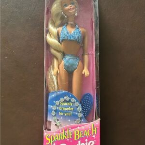 Sparkle Beach Barbie Doll in Blue Bikini With brush and child’s bracelet